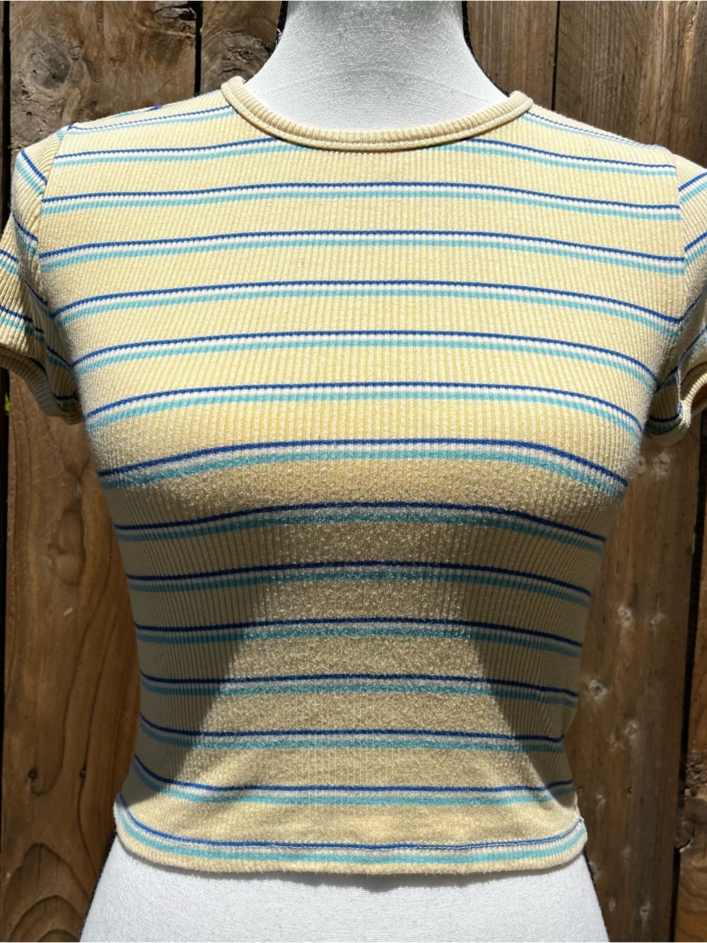 Forever 21 Striped Short Sleeve Crewneck Top in Yellow and Blue